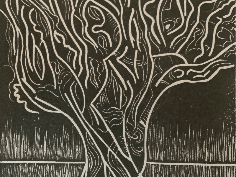 Tree Black  2 Linodruk op grijs papier